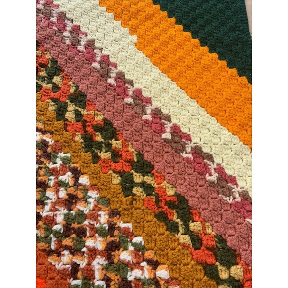 Crochet Blanket Handmade Small 34”x24” Orange And Green Multi Grannycore - Picture 6 of 7